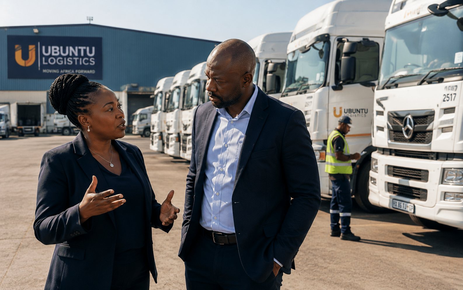 A logistics company founder in discussion at her fleet depot